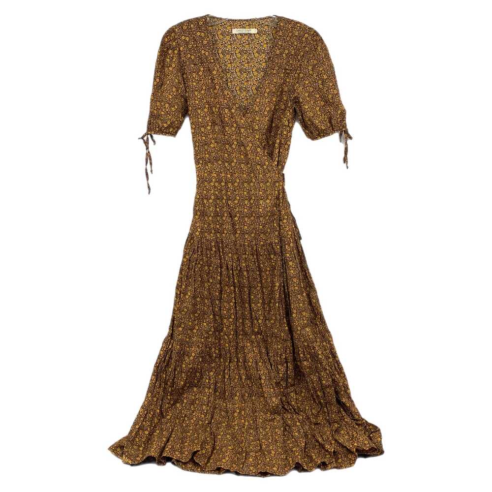 Christy Dawn Brown Yellow Floral Wrap Puff Sleeve V-Neck Maxi Dress | Womens S